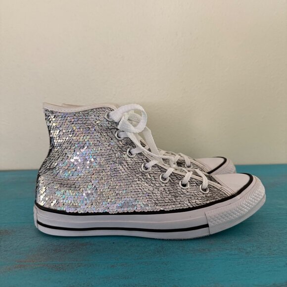 Converse Silver Sequin Chuck Taylor All Star High Top Sneakers Size 7 Womens - Picture 1 of 11